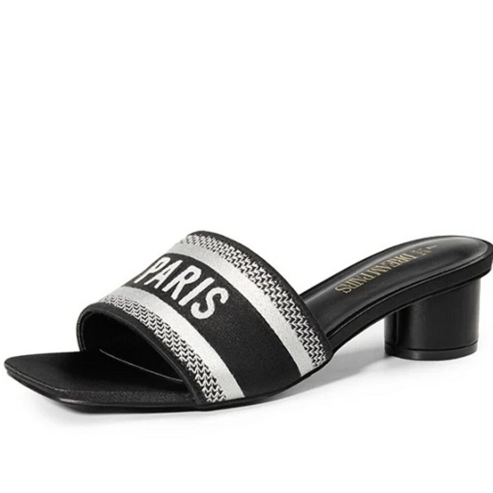 Dream Pairs Black Jacquard Cylindrical Heel Slide Sandals Size 7 NWOB